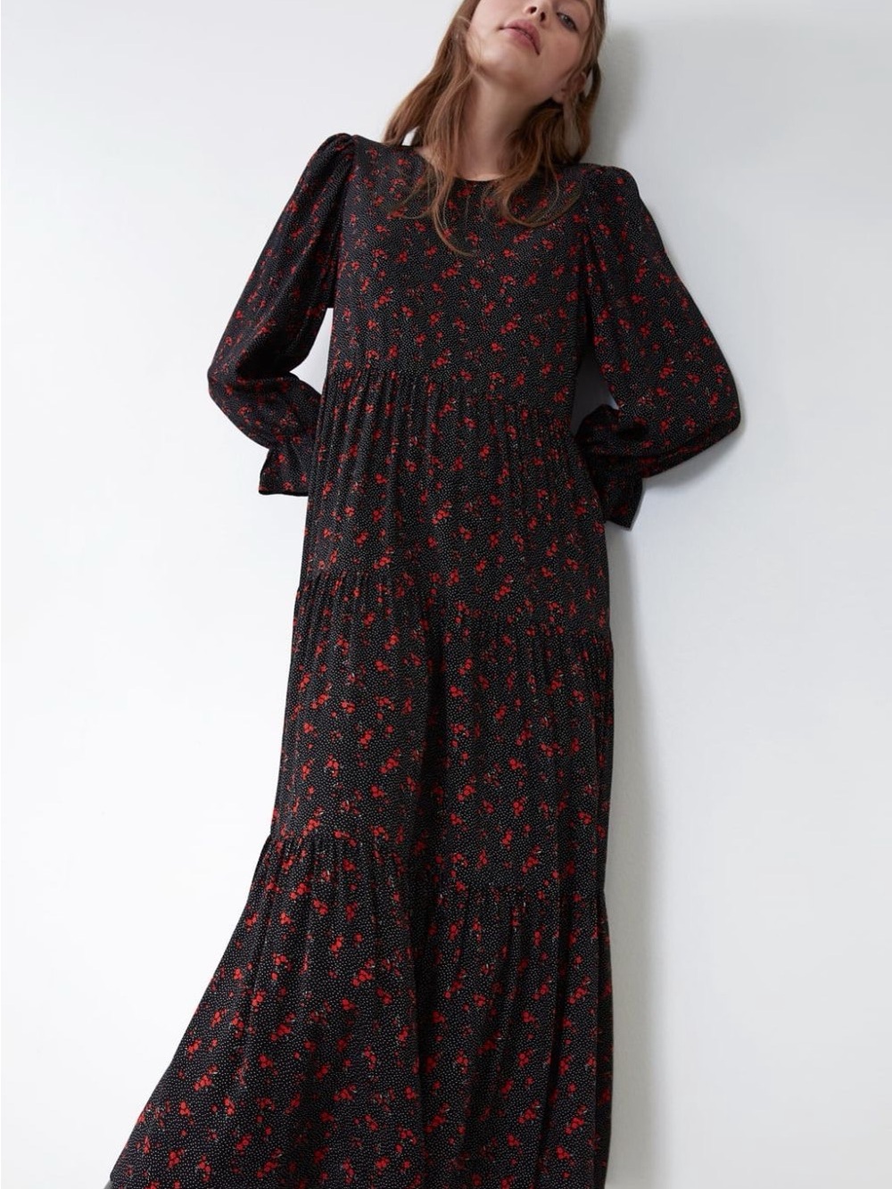 Zara Black Red Floral Polka Dot Maxi Dress Viscose Puff Sleeve Cottagecore S - Picture 5 of 12